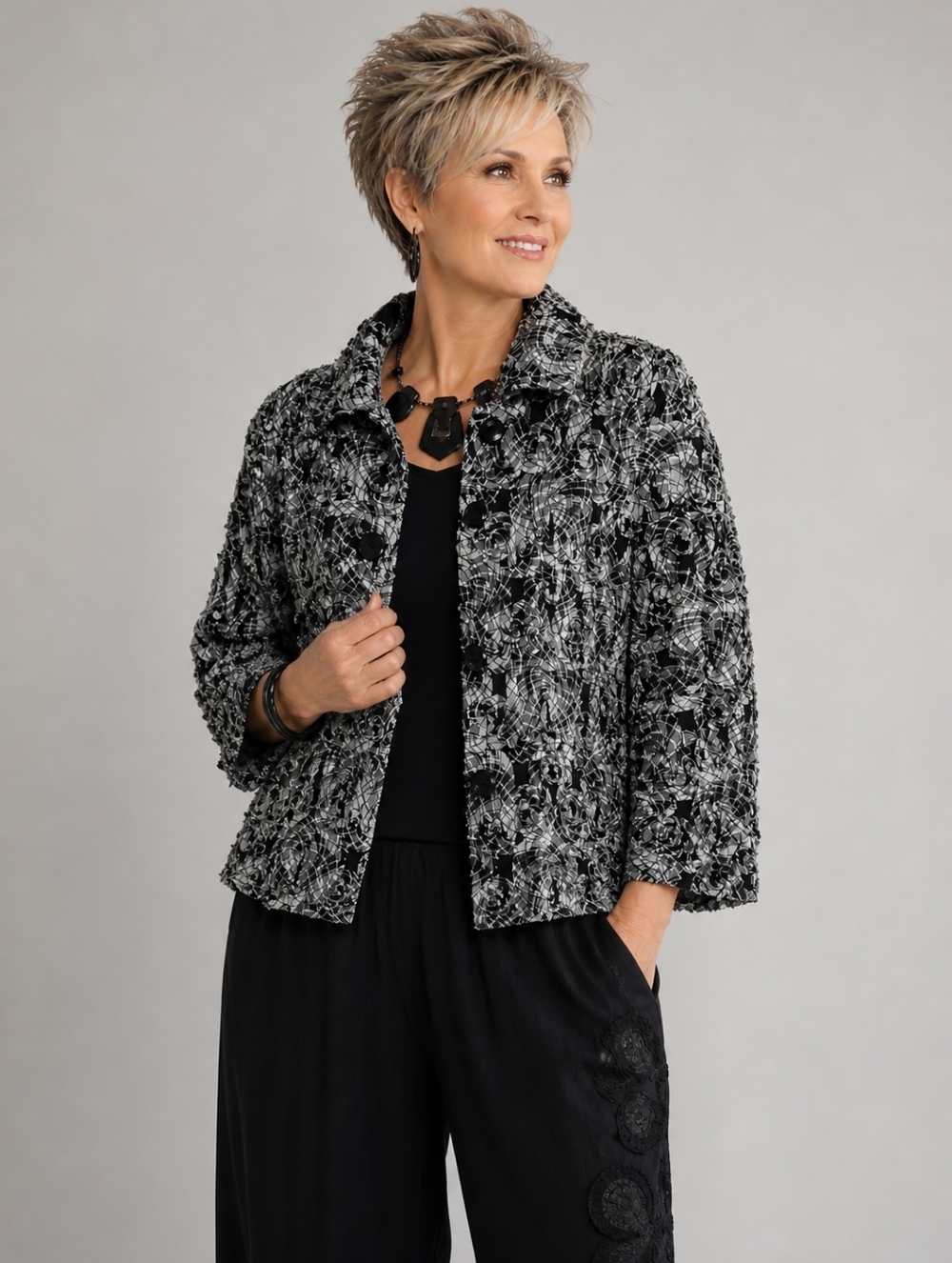 Samuel Dong Textured Cropped Jacket Black White Plaid Rosette XS